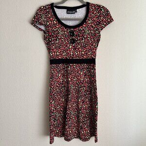 Sourpuss‎ Dress XS Leopard Beki Pink Babydoll Vixen Goth Rockabilly Pin up EMO